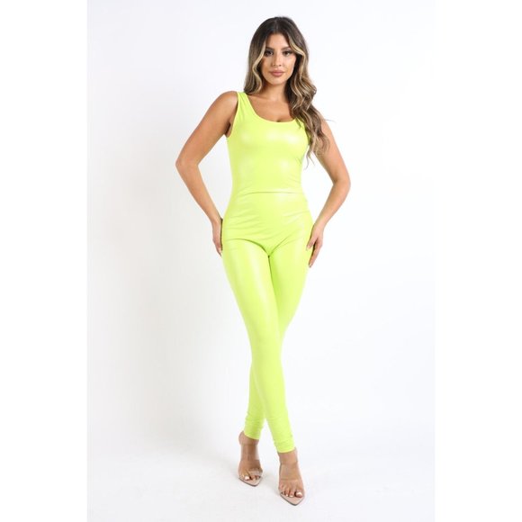 Boutique Pants - Satin Pu Tank Sleeveless One Piece Casual Scoop Neck Skinny Leg Jumpsuit Catsuit